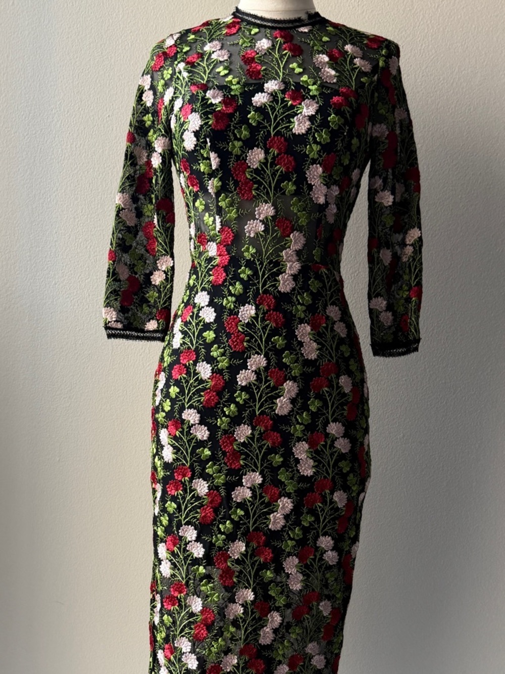 Alexis Black Midi Dress with Red & Pink Floral Embroidery